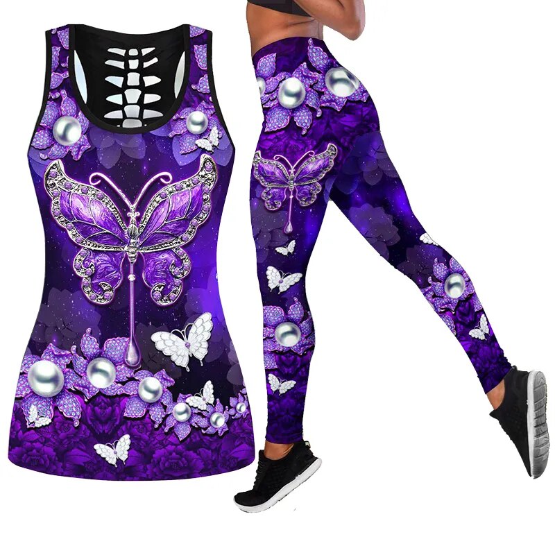 Summer Vest Butterfly Print Women Outfit Hollow Tank Top+yoga Leggings For  Women Tops Yoga Sets Women Pant Sets Sports Suit