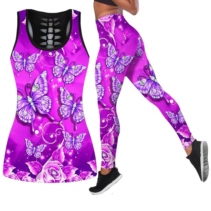 Ladies Fashion Butterfly Print  Sport Suit Gym Yoga Sets