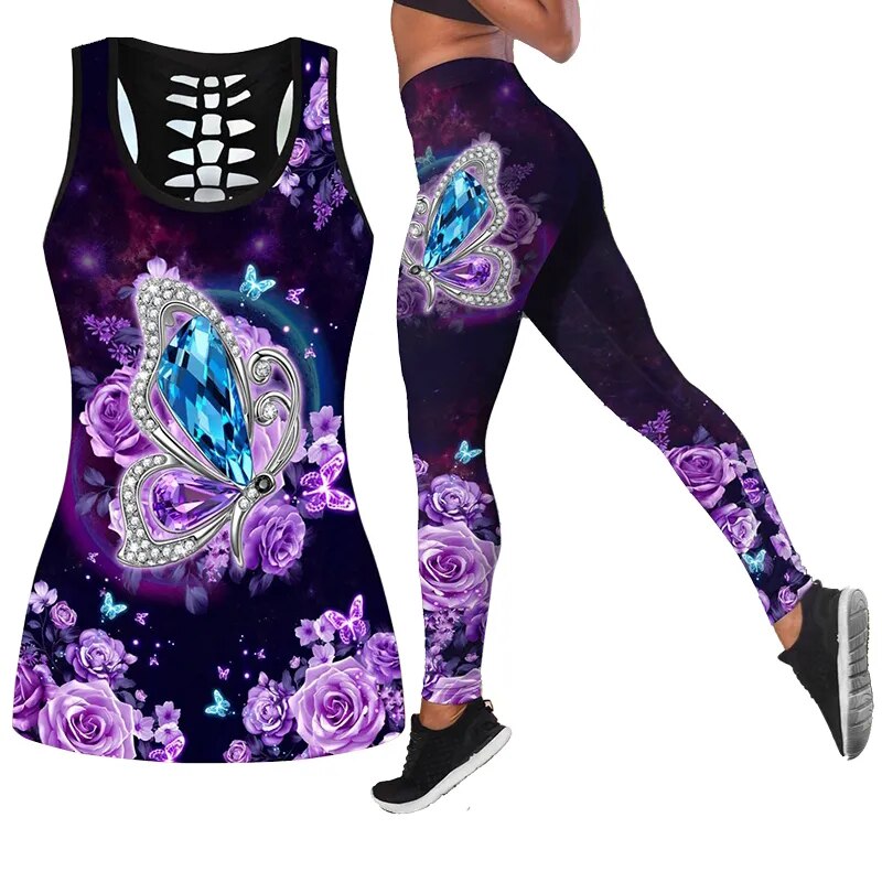 Ladies Fashion Butterfly Print  Sport Suit Gym Yoga Sets