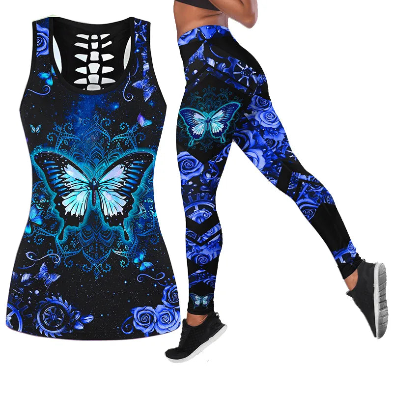 Ladies Fashion Butterfly Print  Sport Suit Gym Yoga Sets